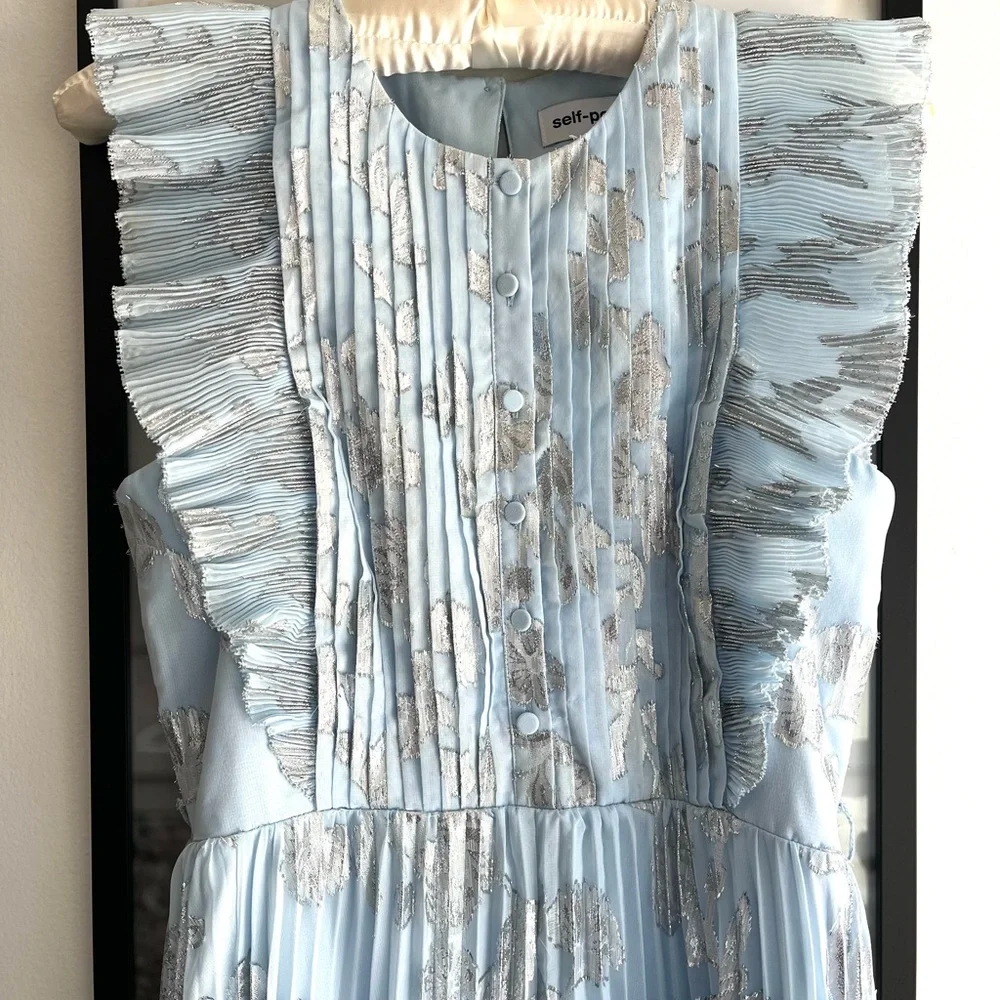 Self-Portrait Blue and Silver Flutter Sleeve Gown - Picture 4 of 7
